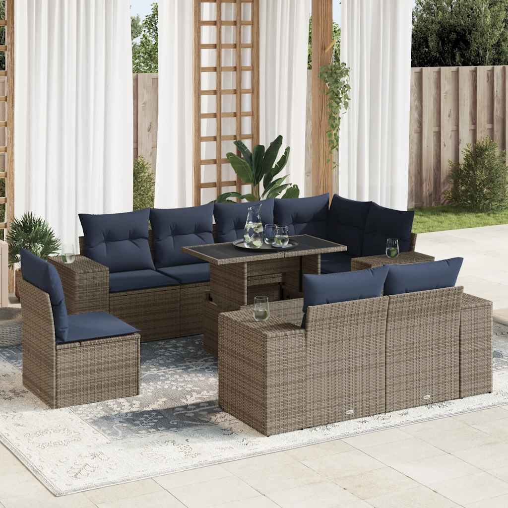 Set Divani Giardino 9 pz con Cuscini Marrone Polyrattan Acacia