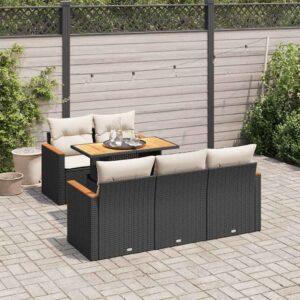 Set Divano da Giardino 6 pz con Cuscini Nero Polyrattan Acacia