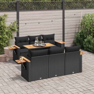 Set Divani da Giardino con Cuscini 7pz Nero Polyrattan Acacia