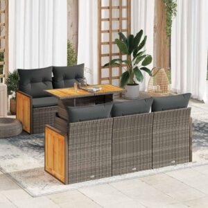 Set Divano da Giardino 6 pz con Cuscini Nero Polyrattan Acacia
