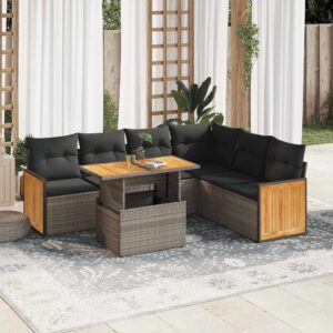 Set Divani da Giardino 7pz con Cuscini Grigio Polyrattan Acacia