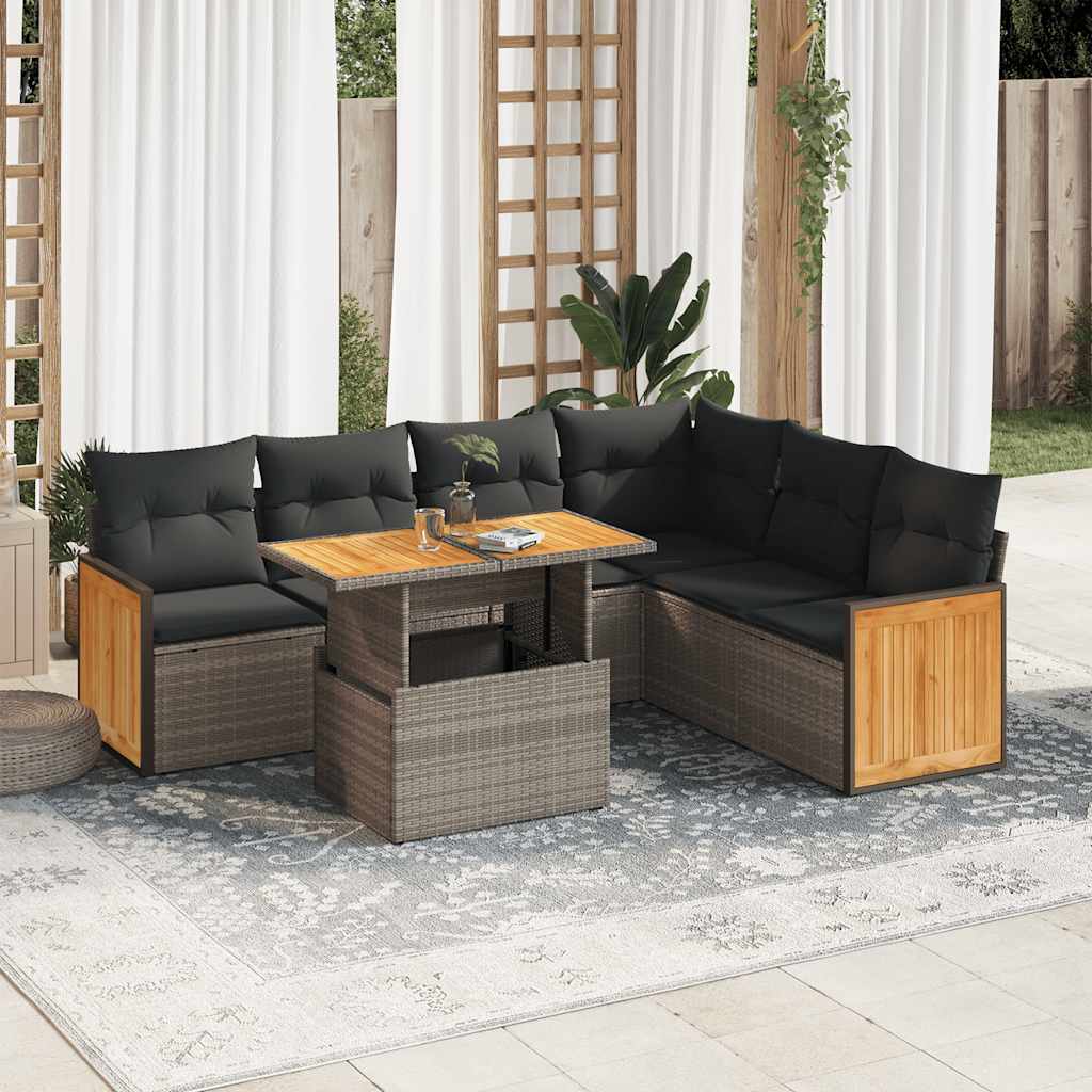 Set Divani da Giardino 7pz con Cuscini Grigio Polyrattan Acacia