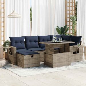 Set Divani Giardino 7 pz con Cuscini Grigio Polyrattan Acacia