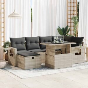 Set Divani da Giardino 7 pz con Cuscini Beige in Polyrattan