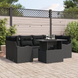 Set divano da giardino 7 pezzi con cuscini in rattan nero