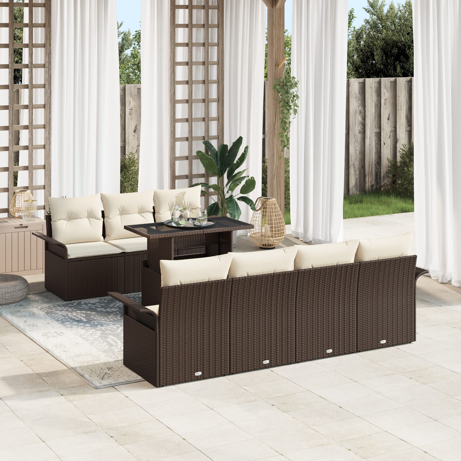 Set Divano da Giardino 8 Pezzi con Cuscini Marrone Rattan Sintetico