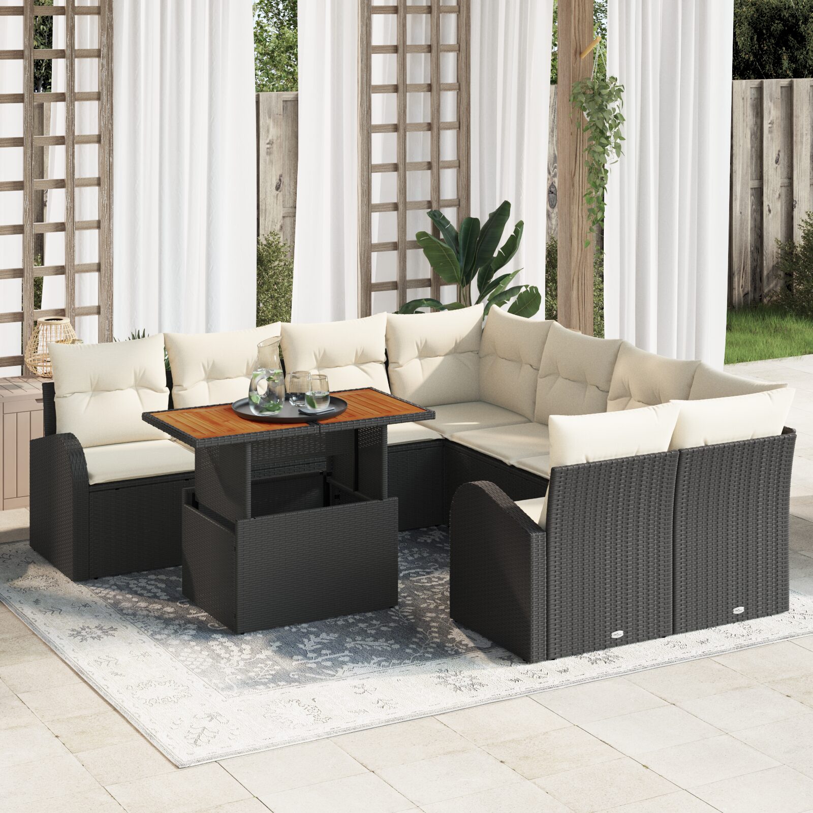 Set Divano da Giardino 9 Pezzi con Cuscini Rattan Polyrattan Nero