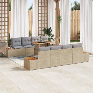 Set di Sofà da Giardino 9 Pezzi con Cuscini Beige Polyrattan