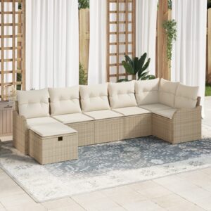 Set Divano da Giardino 7 Pezzi con Cuscini Beige in Polyrattan