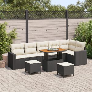Set di divani da giardino 9 pezzi con cuscini Nero Polyrattan Acacia