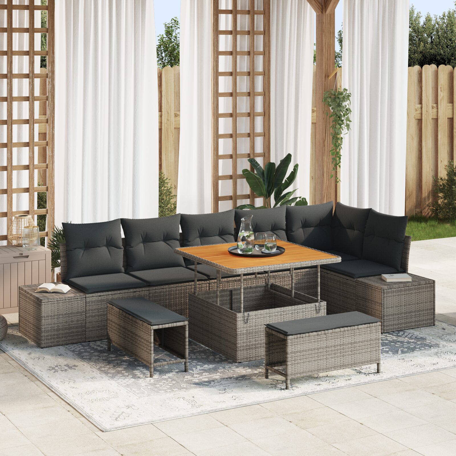 Set Divano da Giardino 9 Pezzi con Cuscini Polyrattan Grigio Acacia