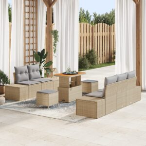 Set Divano da Giardino 8 Pezzi con Cuscini Beige Polyrattan Acacia