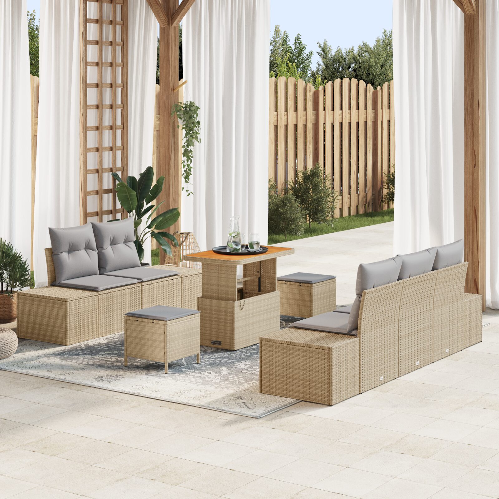 Set Divano da Giardino 8 Pezzi con Cuscini Beige Polyrattan Acacia