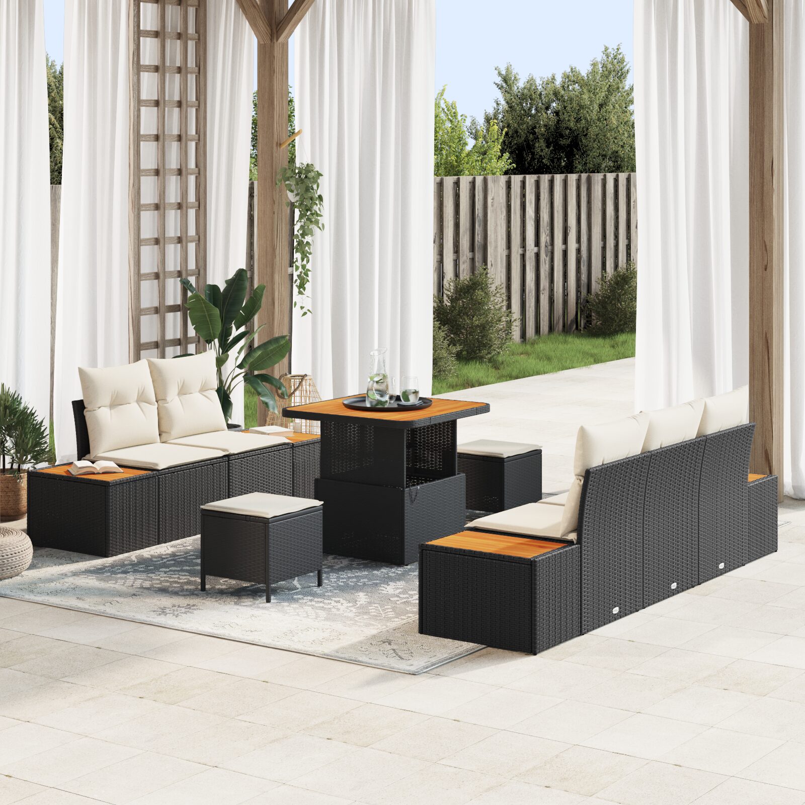 Set di Sofà da Giardino 8 Pezzi con Cuscini Nero Polirattan Acacia