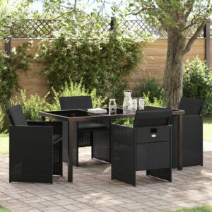 Set da Pranzo da Giardino da 5 Pezzi con Cuscini Nero Polyrattan