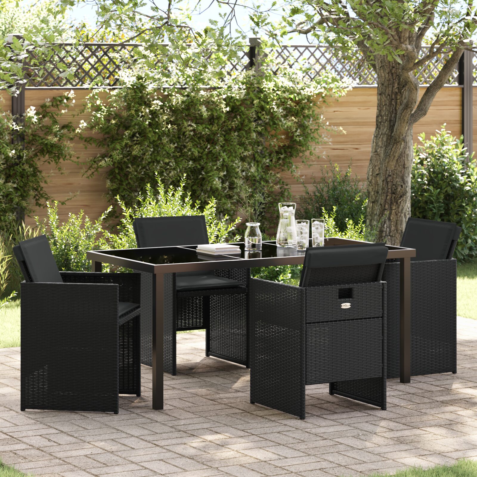 Set da Pranzo da Giardino da 5 Pezzi con Cuscini Nero Polyrattan