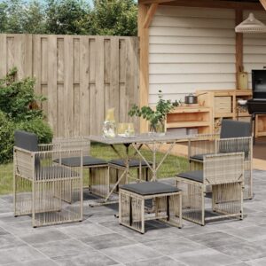 Set da Pranzo da Giardino 7pz con Cuscini in Polyrattan Marrone