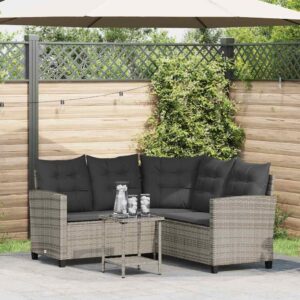 Divano da Giardino con Tavolo e Cuscini a L Grigio Polyrattan