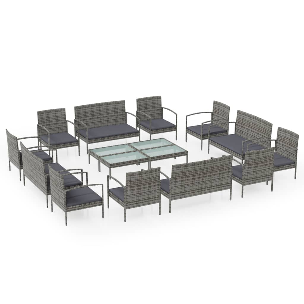 Set Divani da Giardino 16 pz con Cuscini in Polyrattan Grigio - immagine 2