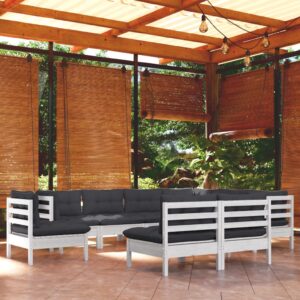 Set Divani da Giardino 9 pz con Cuscini Bianchi Legno di Pino