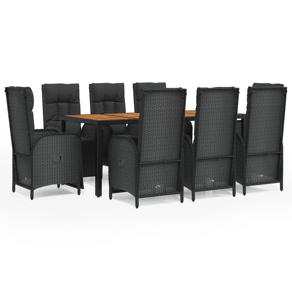 Set da Pranzo da Giardino 9 pz con Cuscini Nero in Polyrattan - immagine 2