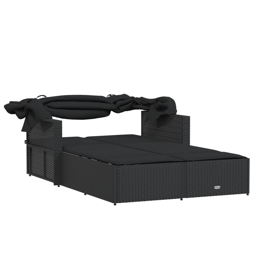 Lettino Prendisole Doppio Baldacchino e Cuscini Nero Polyrattan - immagine 7