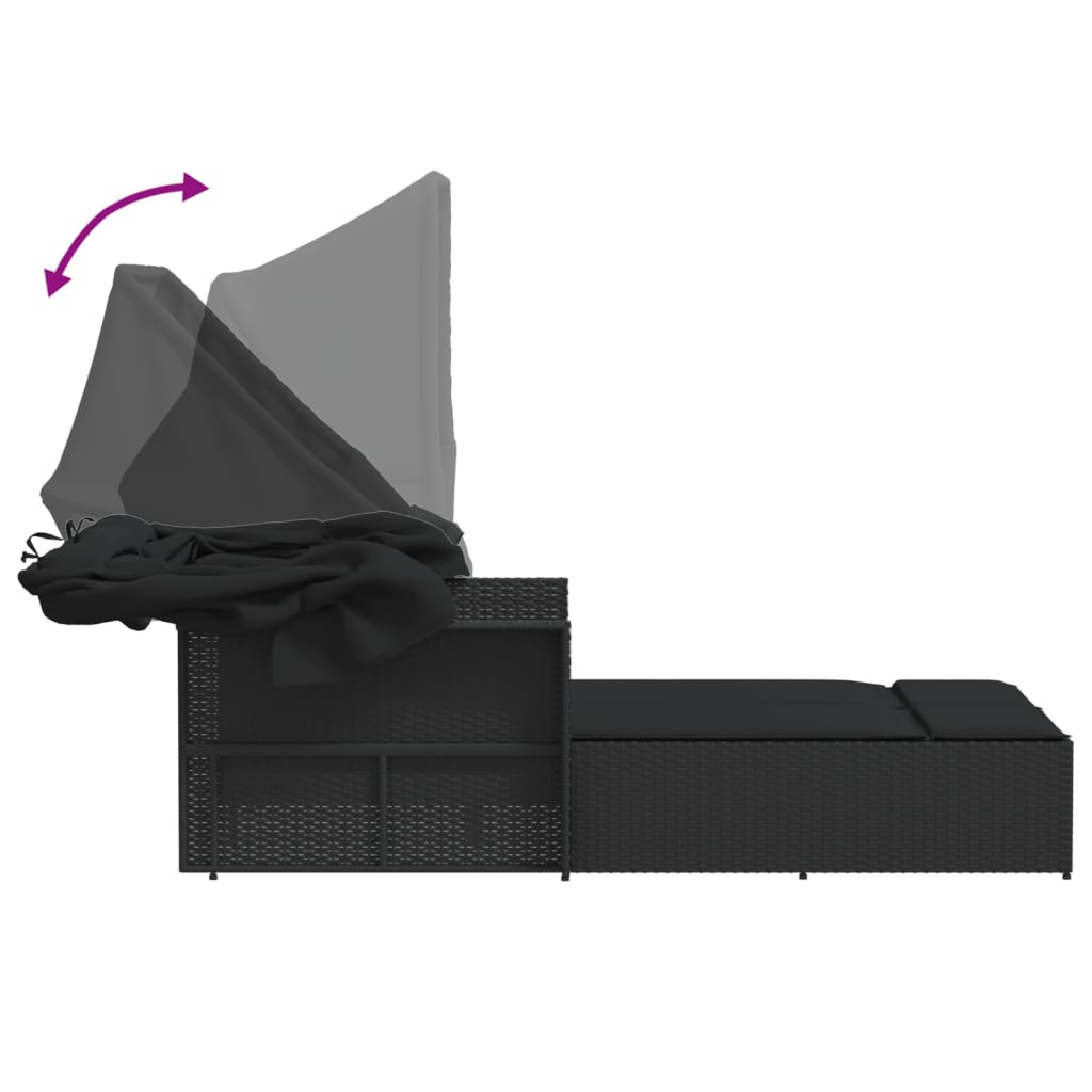 Lettino Prendisole Doppio Baldacchino e Cuscini Nero Polyrattan - immagine 9