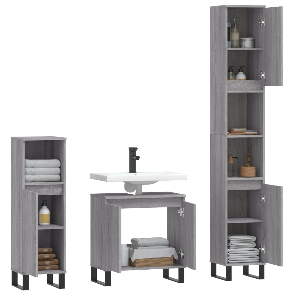 Set Mobili da Bagno 3 pz Grigio Sonoma in Legno Multistrato - immagine 4