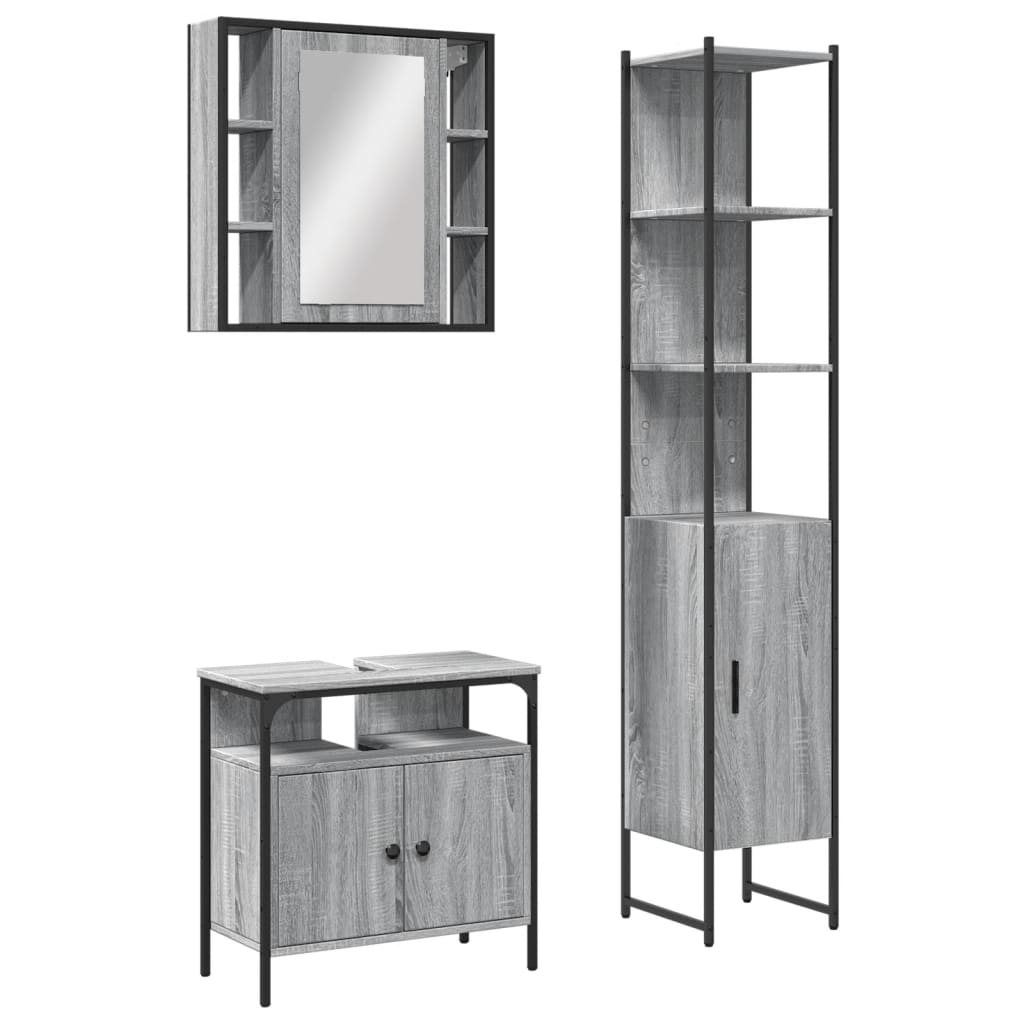 Set Mobili da Bagno 3 pz Grigio Sonoma in Legno Multistrato - immagine 2