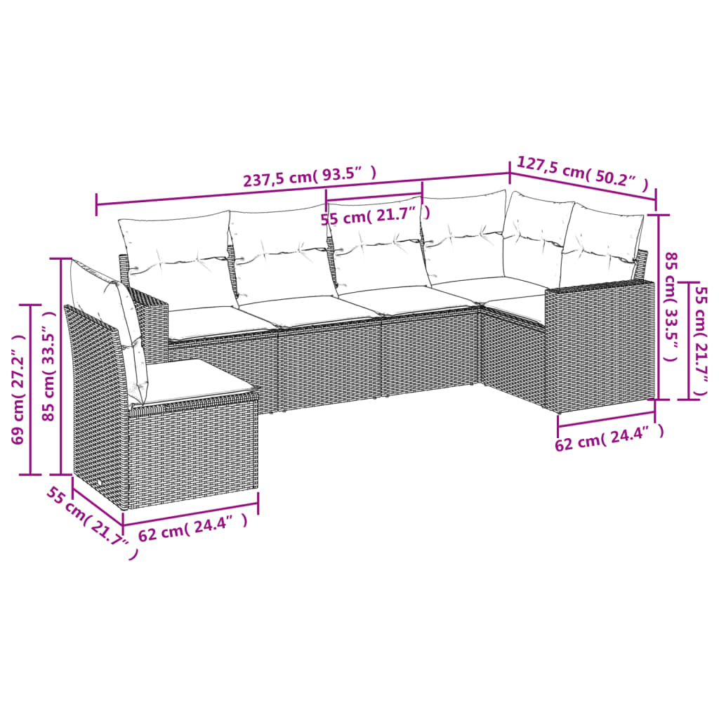 Set Divani da Giardino con Cuscini 7pz Nero Polyrattan - immagine 3