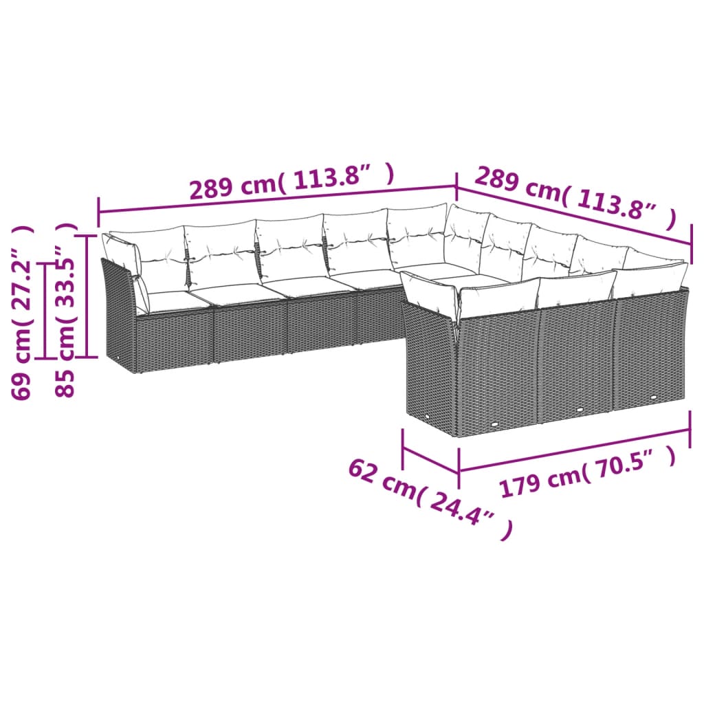 Set Divani da Giardino 11 pz con Cuscini in Polyrattan Nero - immagine 3