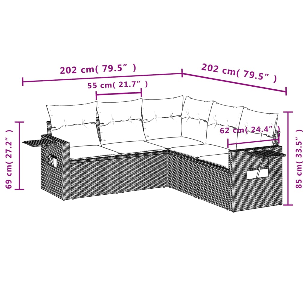 Set Divani da Giardino 5 pz con Cuscini in Polyrattan Nero - immagine 3