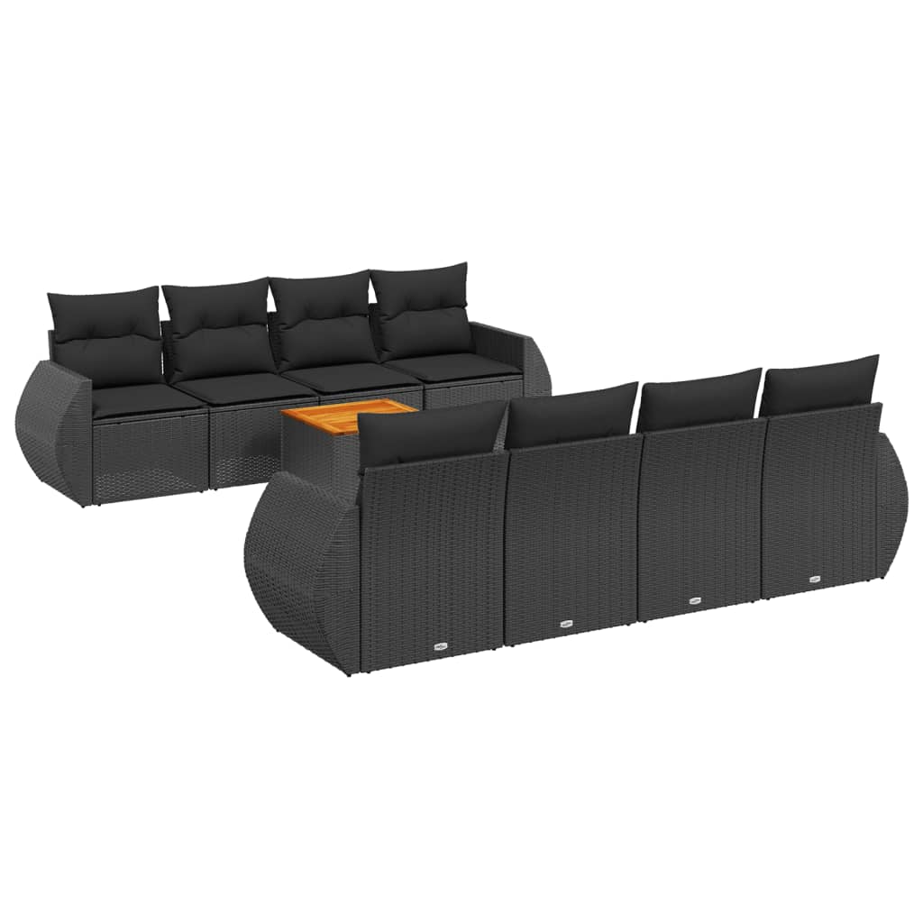 Set Divani da Giardino 9 pz con Cuscini Nero in Polyrattan - immagine 2