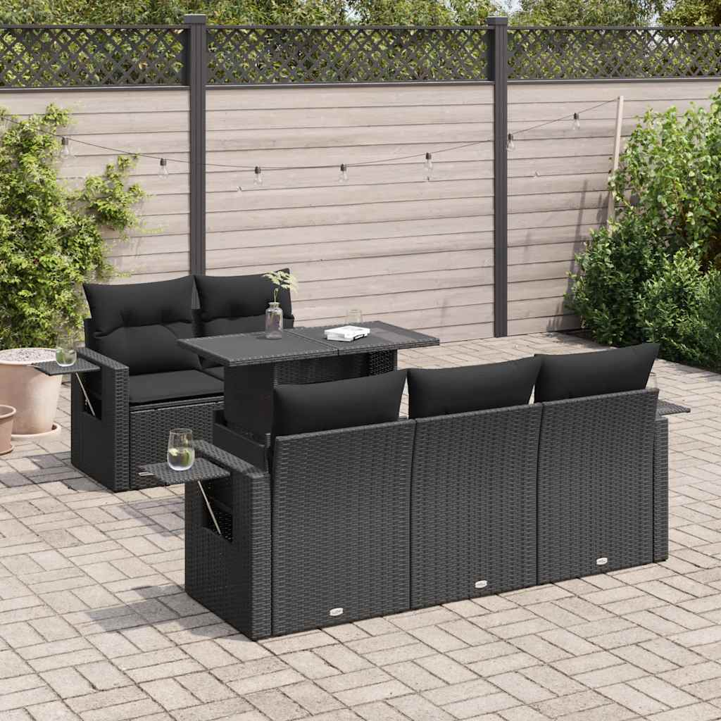 Set Divano da Giardino 6 pz con Cuscini Nero in Polyrattan
