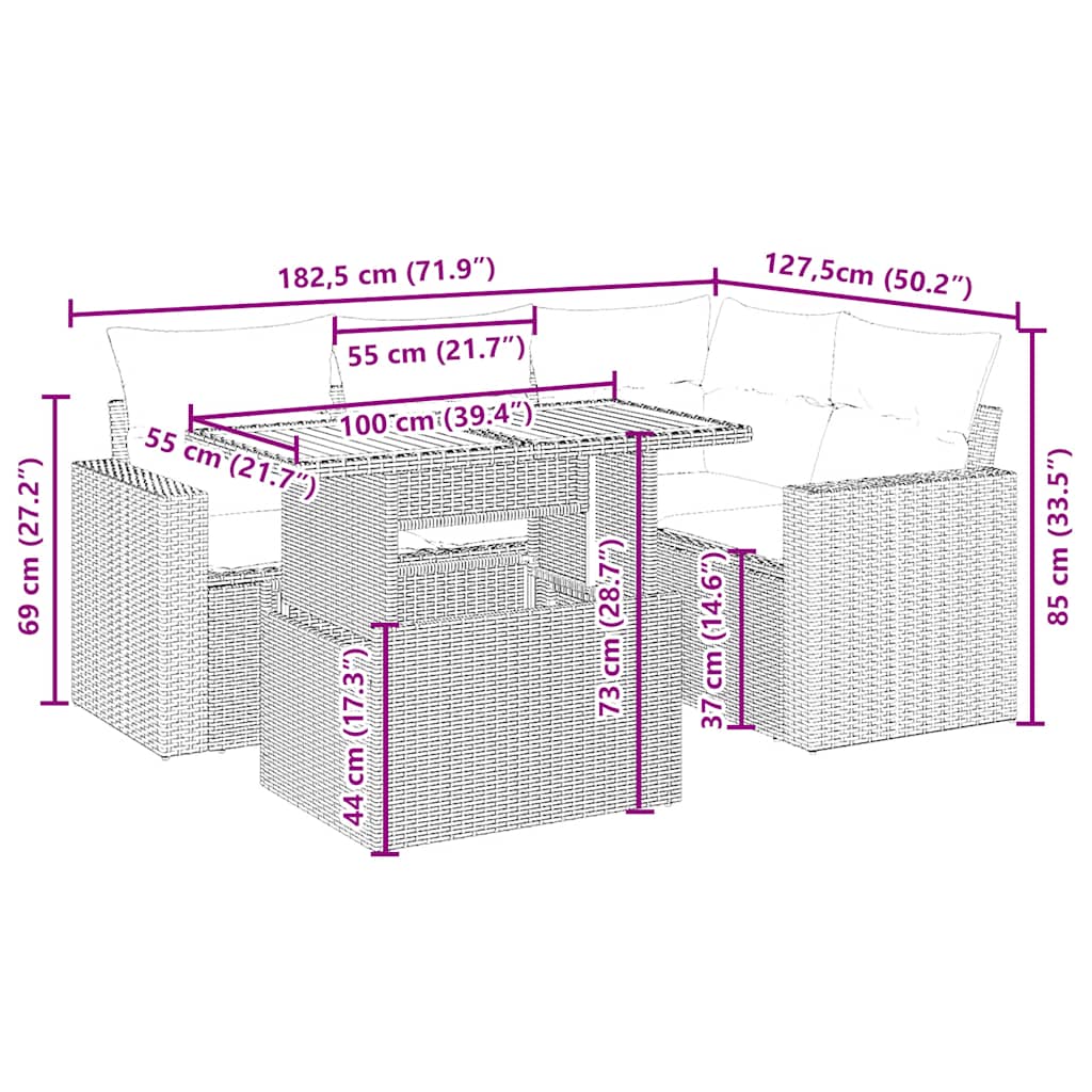Set Divani da Giardino 5 pz con Cuscini in Polyrattan Nero - immagine 3