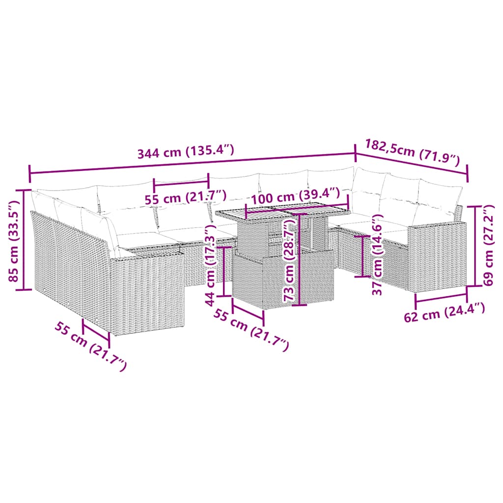 Set Divani da Giardino 11 pz con Cuscini in Polyrattan Nero - immagine 3