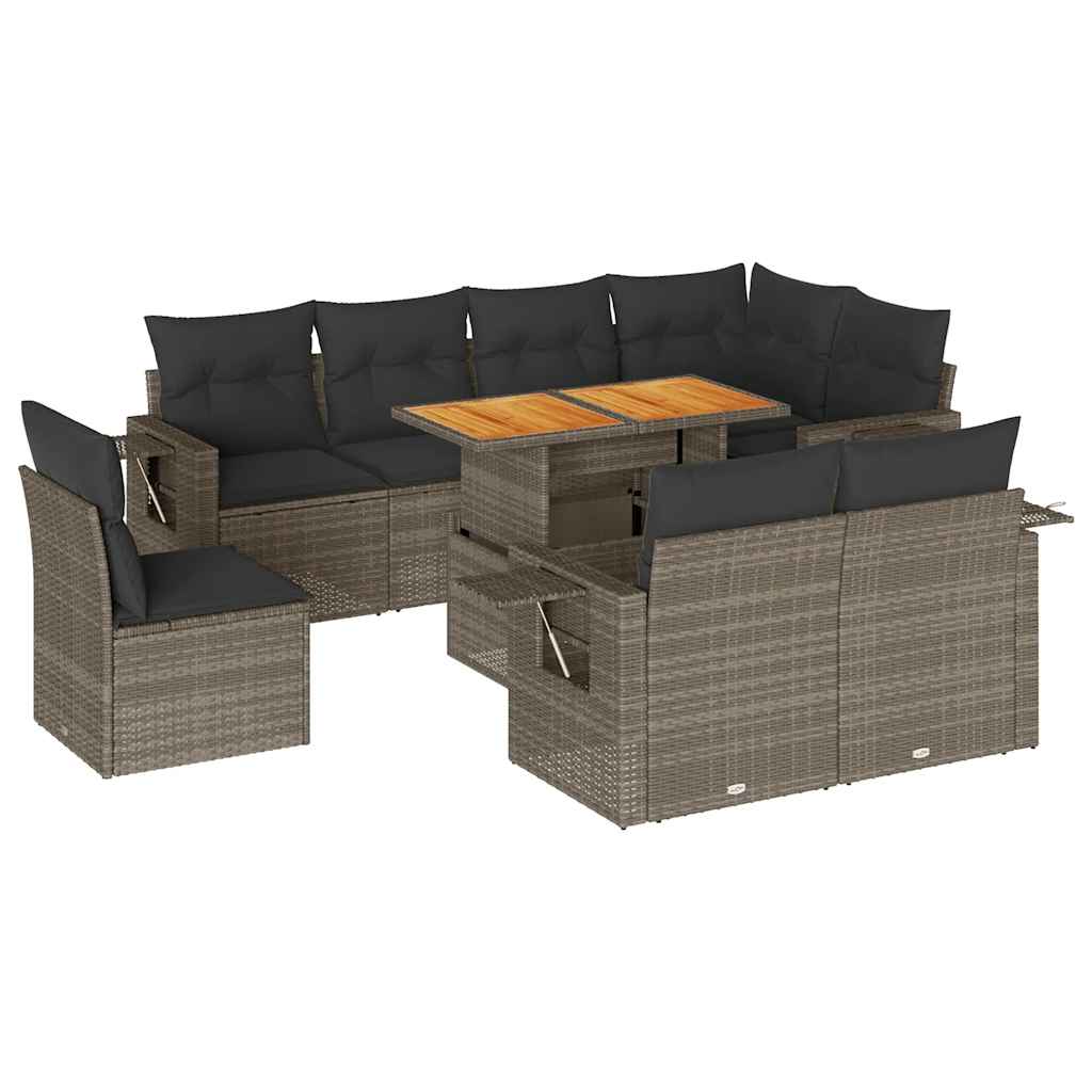 Set Divano da Giardino 9 pz con Cuscini Grigio in Polyrattan - immagine 2