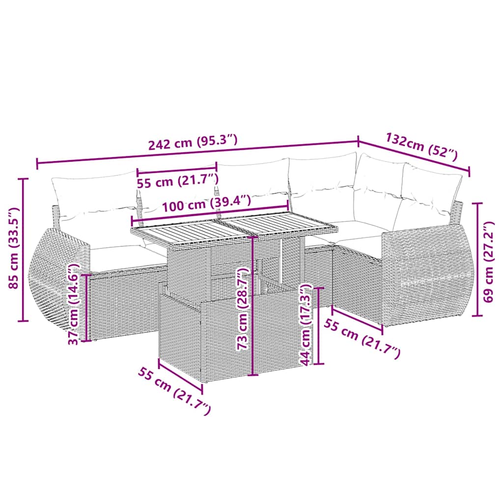 Set Divano da Giardino 6 pz con Cuscini Nero in Polyrattan - immagine 3