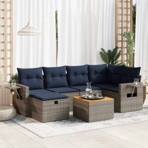Set Divani da Giardino 7 pz con Cuscini Grigio in Polyrattan