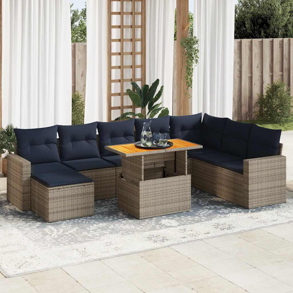 Set Divano da Giardino 9 pz con Cuscini Grigio in Polyrattan