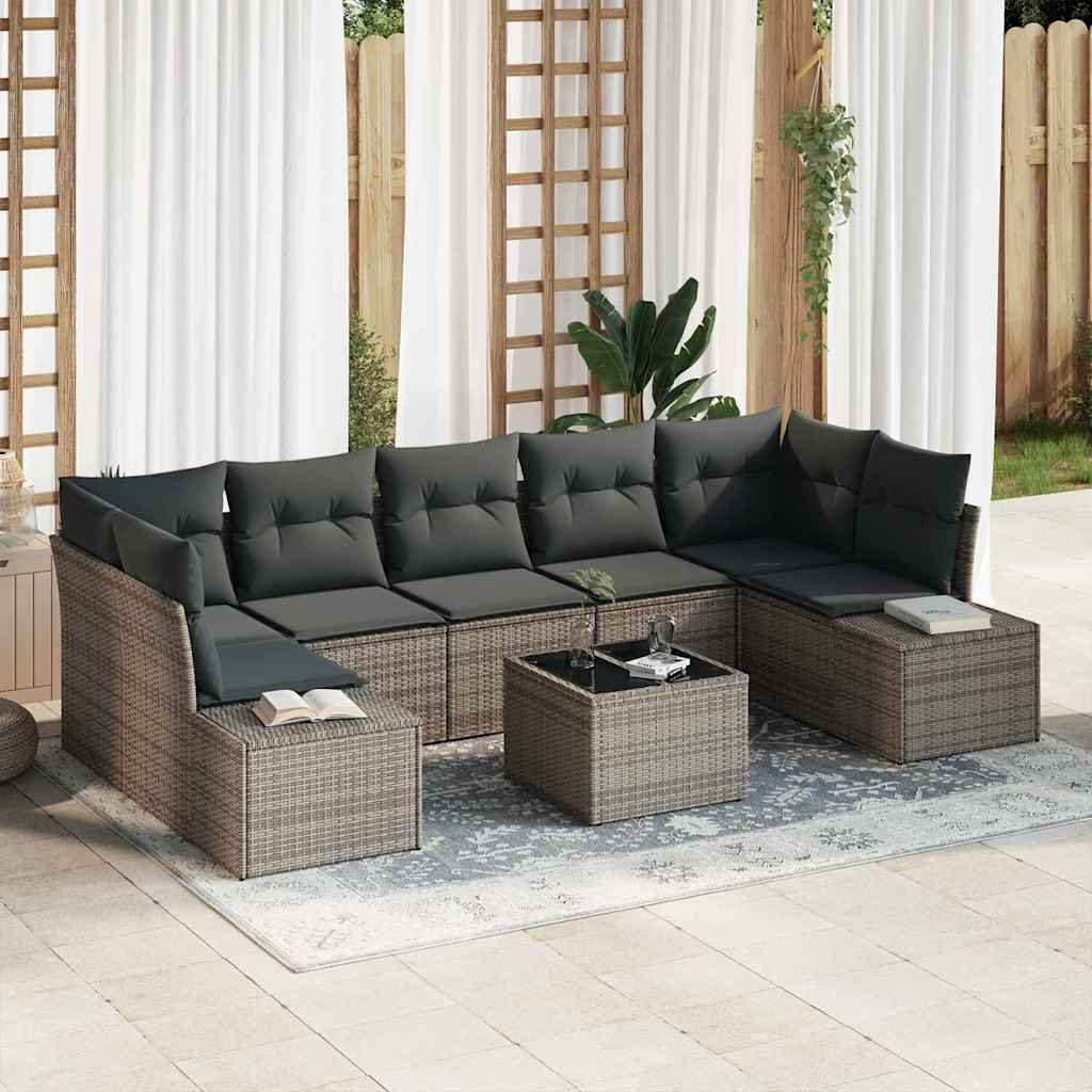 Set Divano da Giardino 8 pcs Grigio Poly Rattan