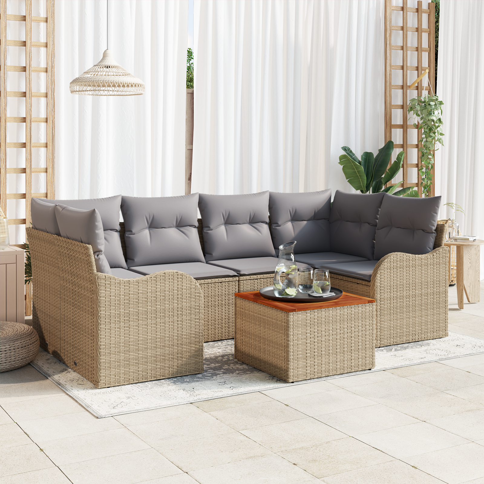 Set di Sofà da Giardino con Cuscini 7 Pezzi Beige Polyrattan Acacia - immagine 3