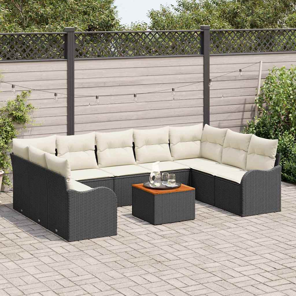Set Divano da Giardino 10 Pezzi con Cuscini Nero Polyrattan Acacia - immagine 3