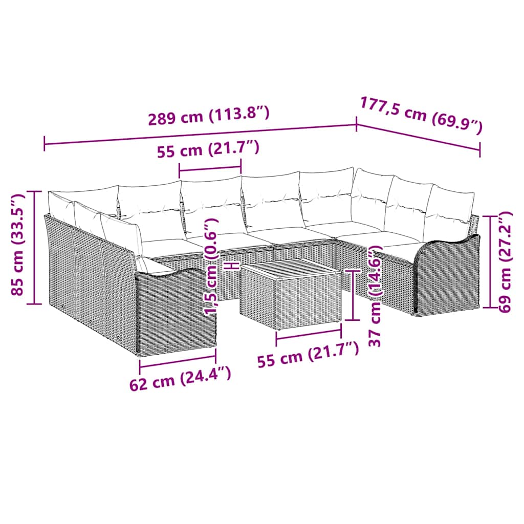 Set Divano da Giardino 10 Pezzi con Cuscini Nero Polyrattan Acacia - immagine 9