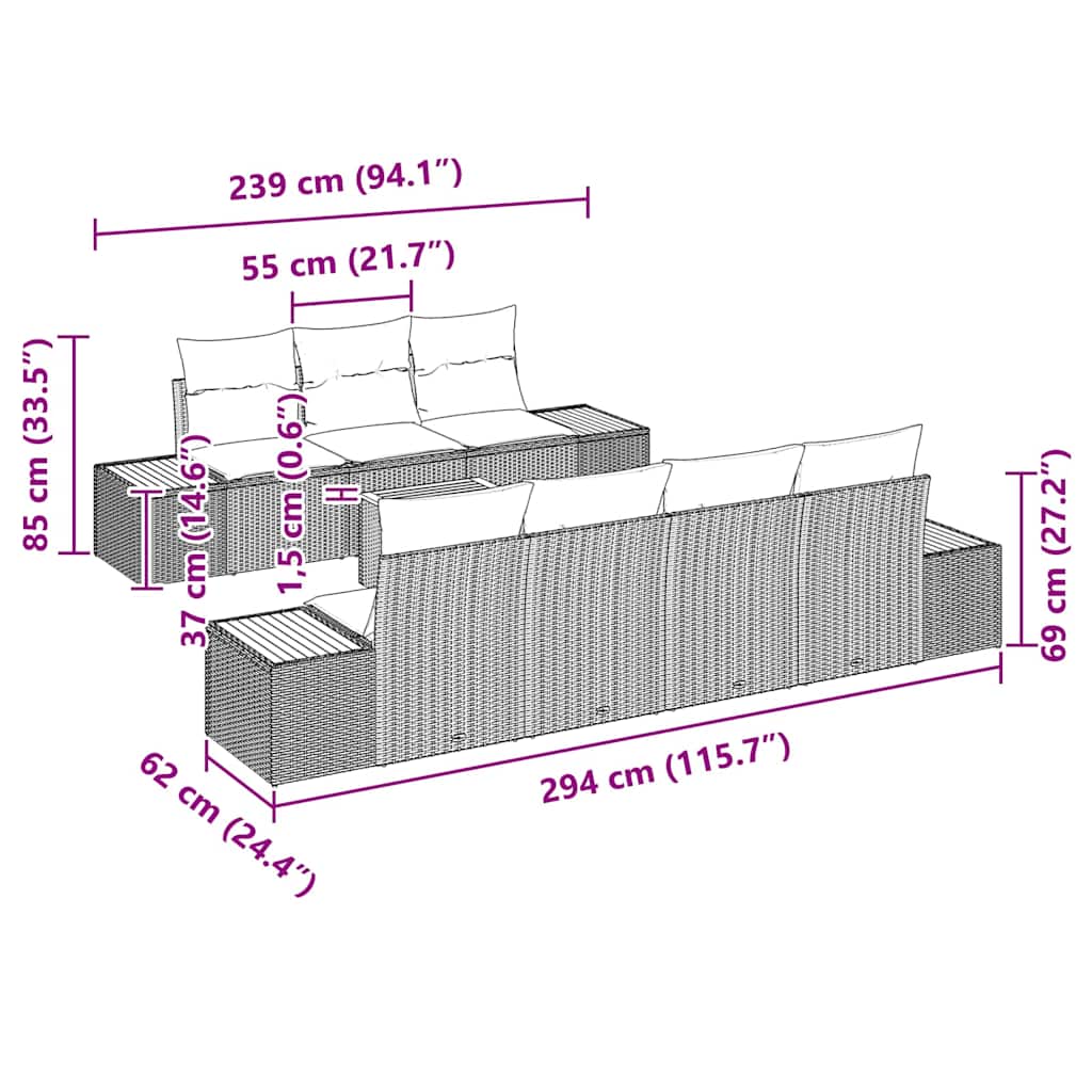 Set Divano da Giardino con cuscino 8 pcs Grigio Poly Rattan - immagine 8