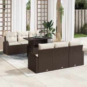 Set di divano da giardino di 7 pezzi con cuscini - Rattan poliestere marrone
