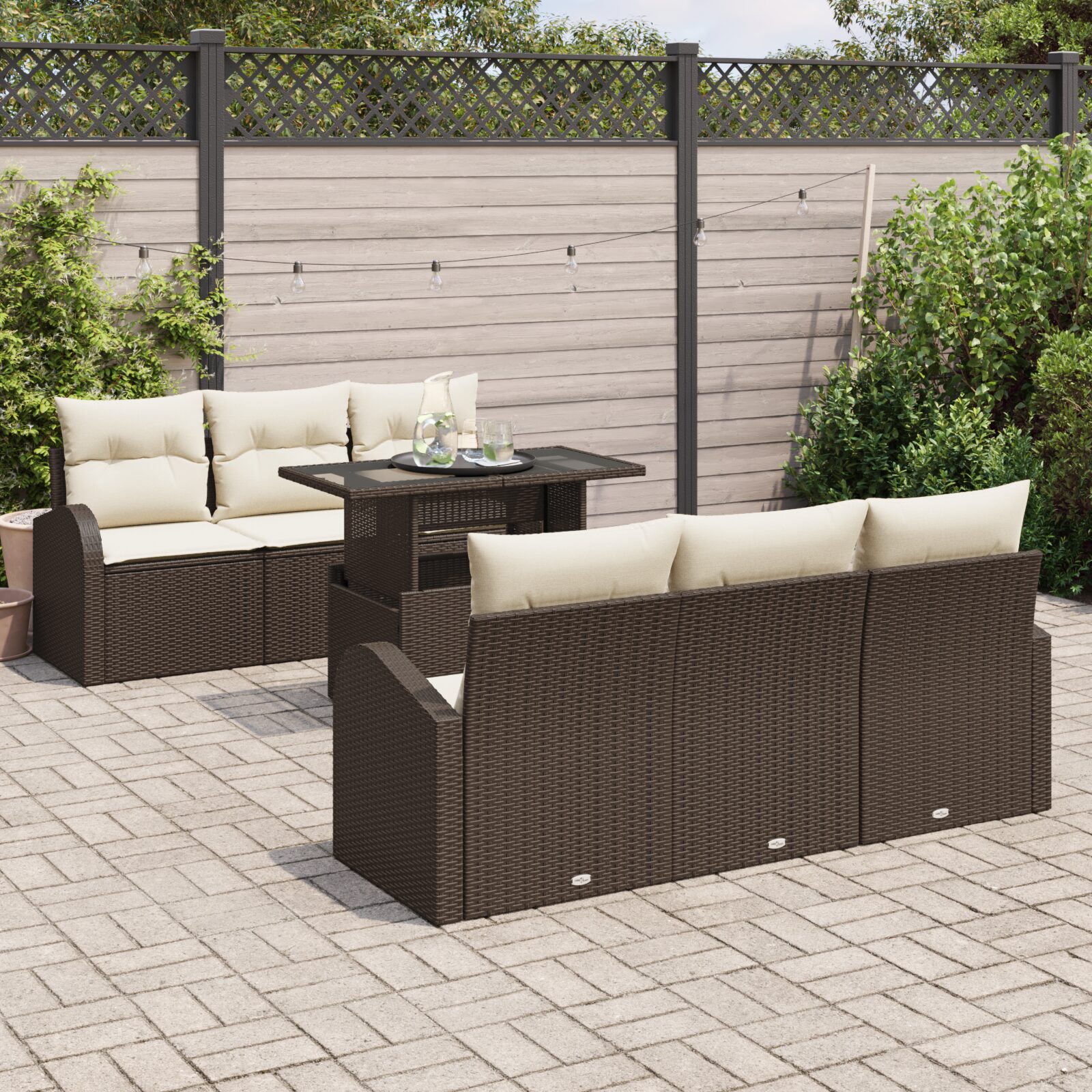 Set di divano da giardino di 7 pezzi con cuscini - Rattan poliestere marrone - immagine 3