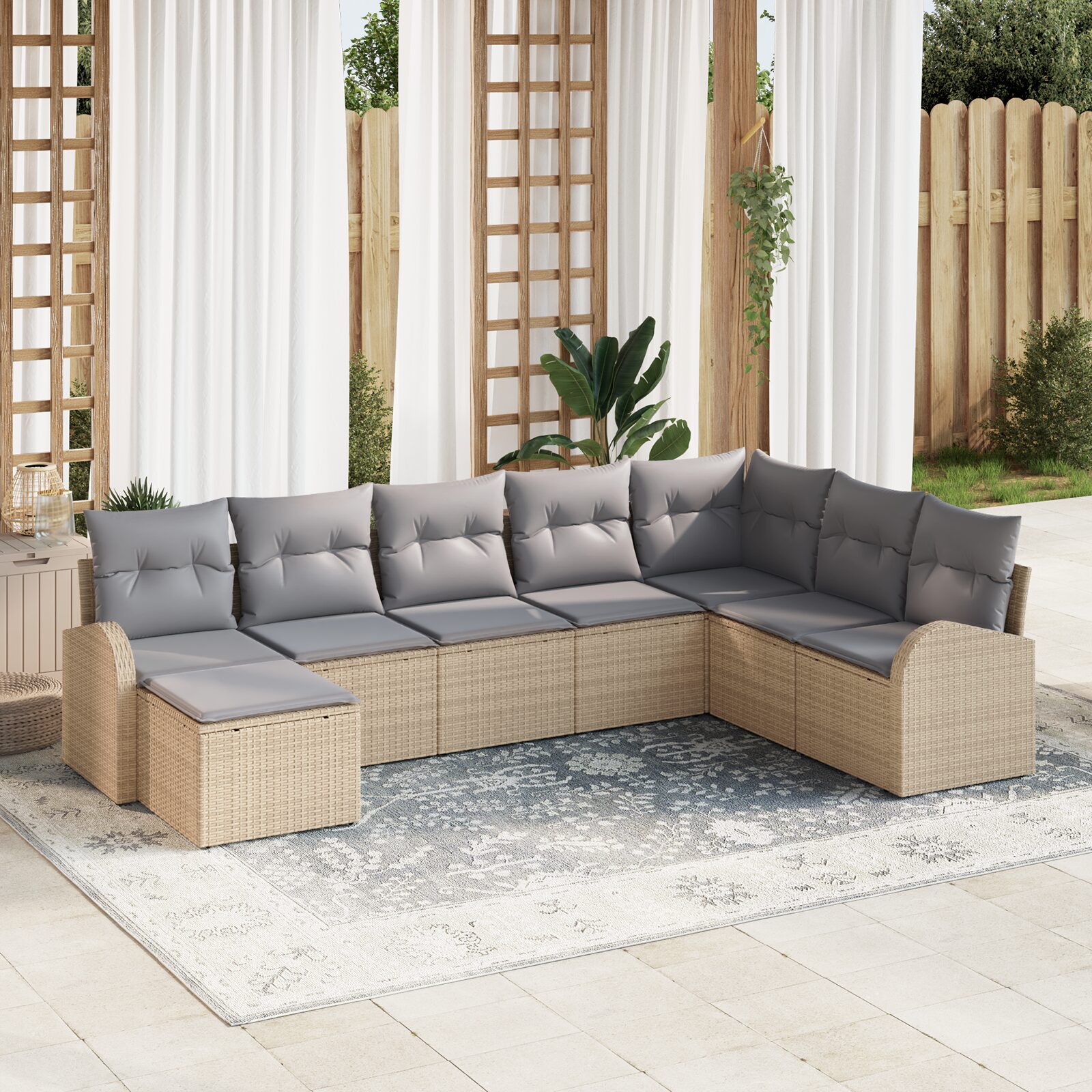 Set di Divani da Giardino da 8 Pezzi con Cuscini Beige in Rattan Poli