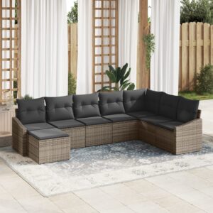 Set da Giardino da 8 Pezzi con Cuscini Grigio in Polyrattan