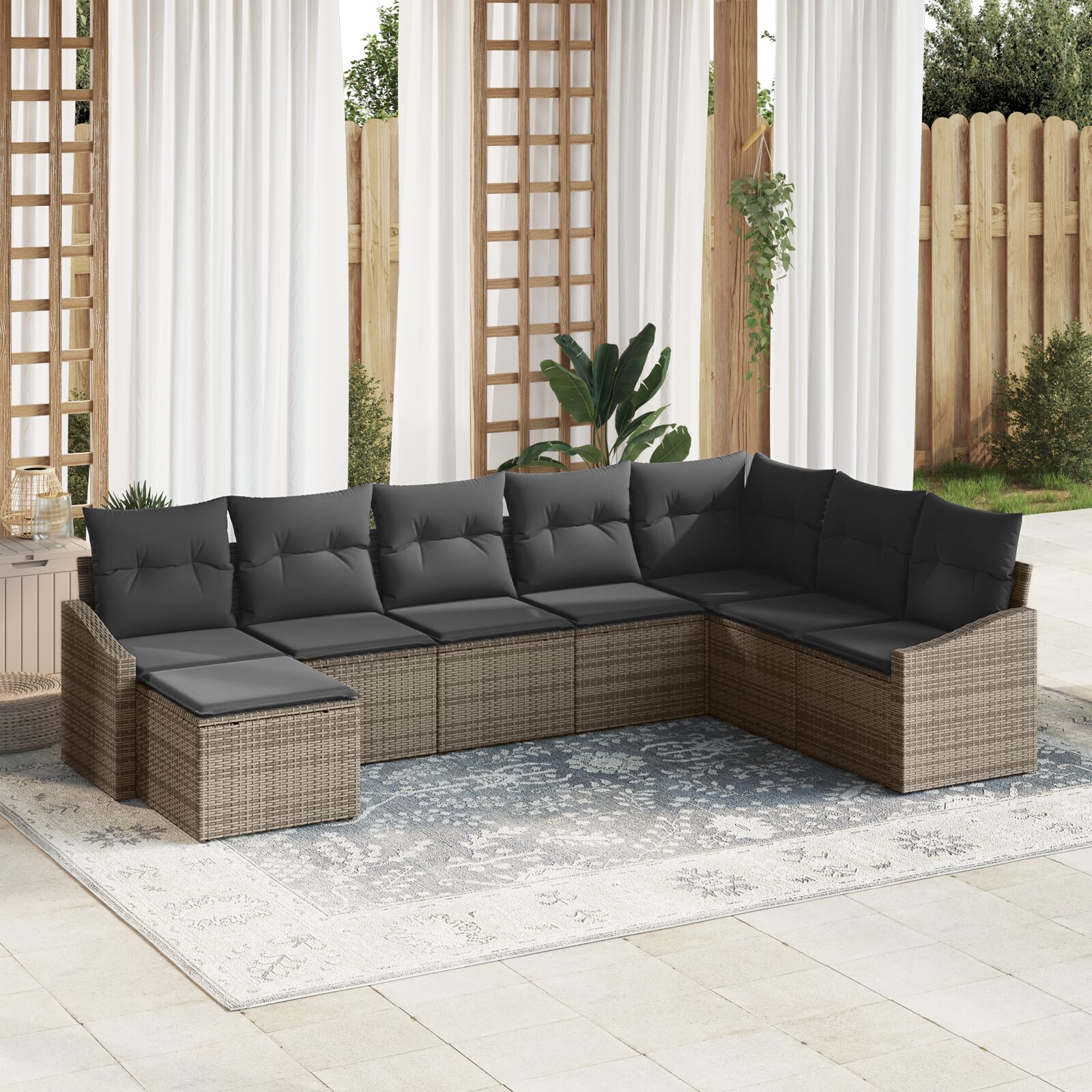 Set da Giardino da 8 Pezzi con Cuscini Grigio in Polyrattan